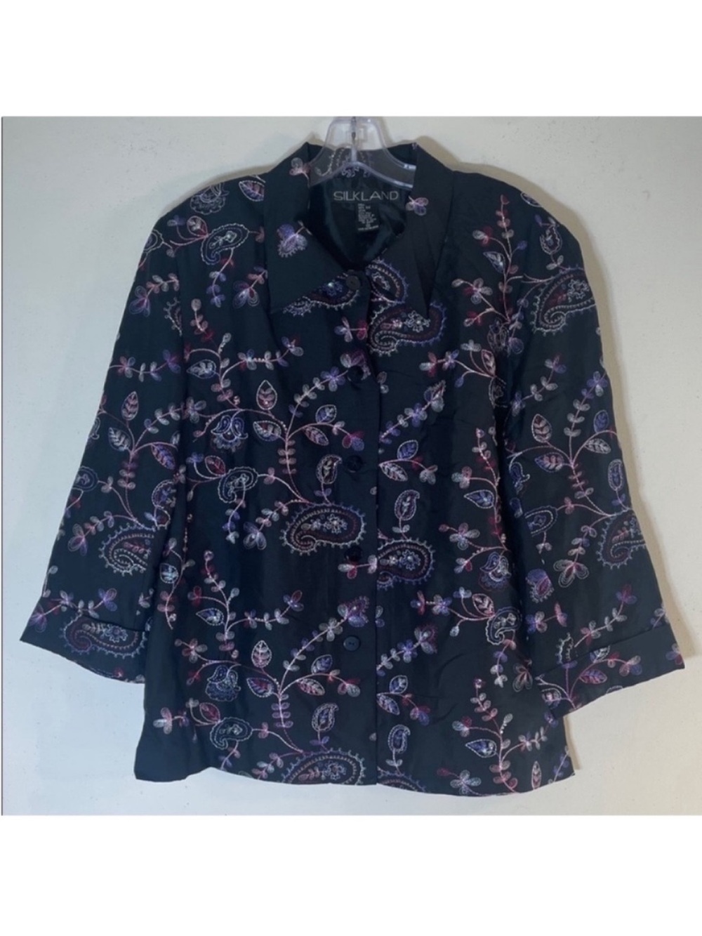 SilkLand 100% Silk Shimmer Paisley Embroidered Beaded Sequined Jacket. 14.